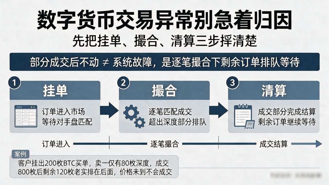 数字货币交易异常别急着归因,先把挂单、撮合、清算三步捋清楚